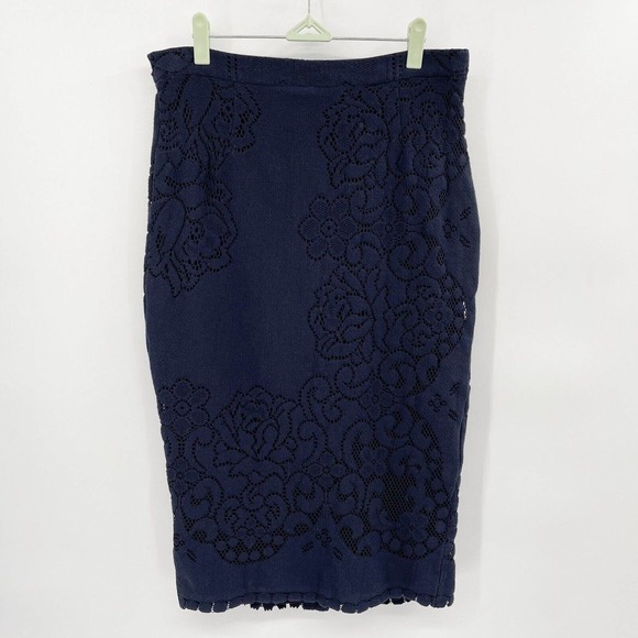 A.L.C. Lucas Pencil Skirt Floral Lace Navy Blue Size 10 Lined Cotton‎ Stretch - Picture 1 of 11